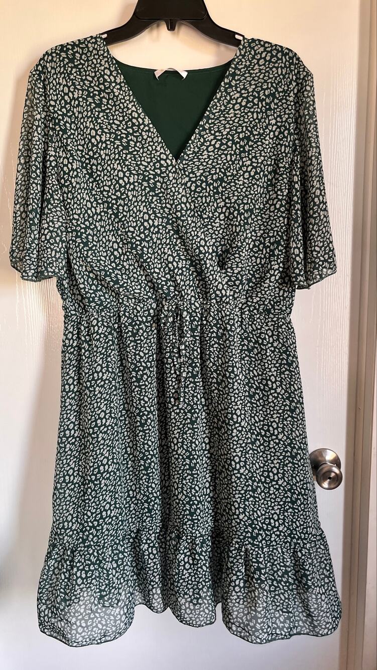 KIRUNDO Women's Green Leopard Print Faux Wrap Mini Dress VNeck Flutter Sleeve XL